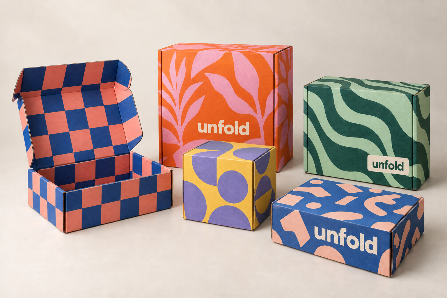 Unfold branded cardboard boxes with colourful checkerboard, botanical, striped and geometric printed designs